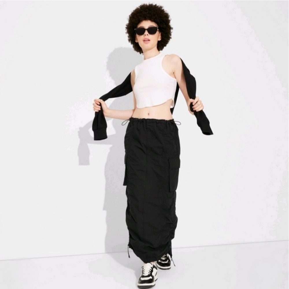 Black Ruched Maxi Skirt with Slit